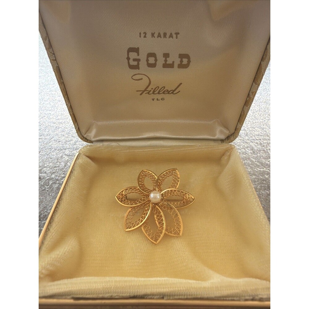 Gold Filled Filigree Flower & Faux Pearl Brooch Pin 1/20 12k GF Vintage